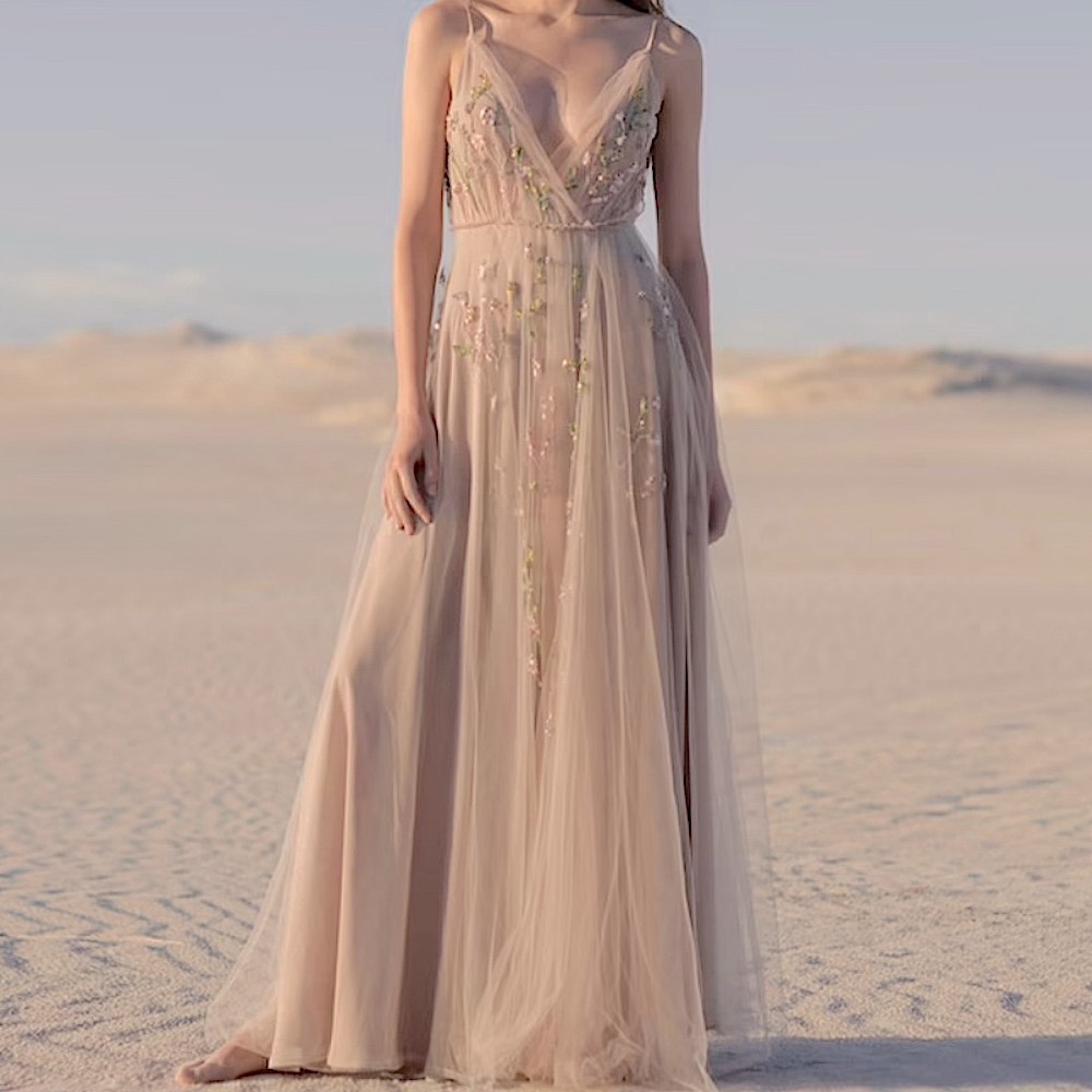 Womens Formal Maxi Silk Dress Embroidered Sequined Tulle Flowy Elegant Romantic